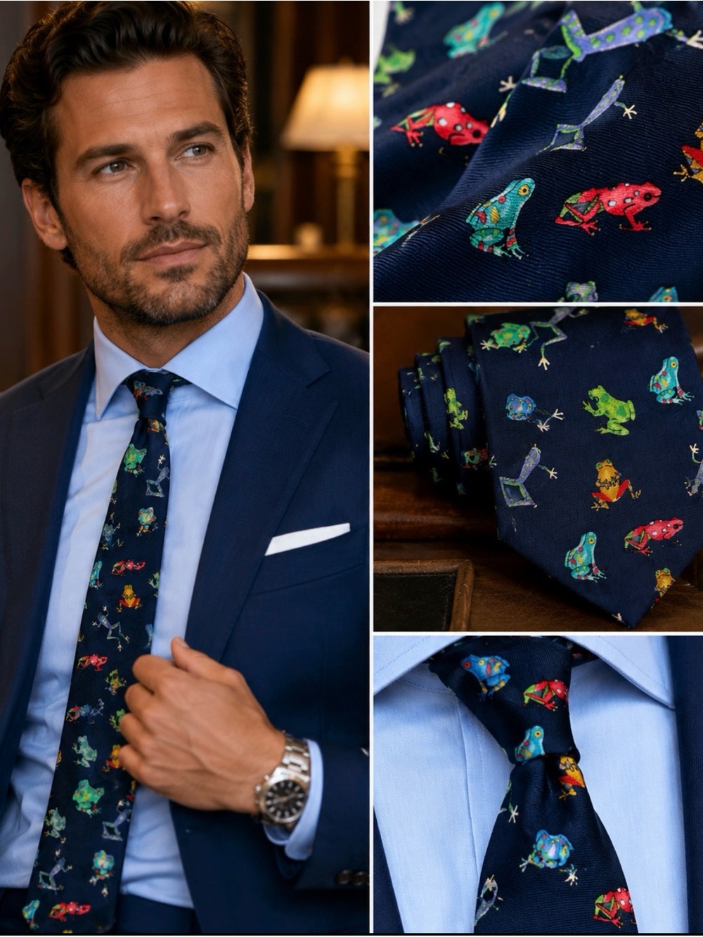 Vintage Alynn Frog Tie Silk Made USA Color Poison Dart Frog Novelty Necktie 56”